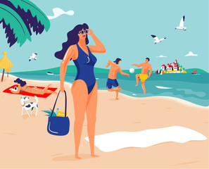 Lady in blue swimsuit and sunglasses on sandy beach with couple of people in background. Vacation / holidays illustration.