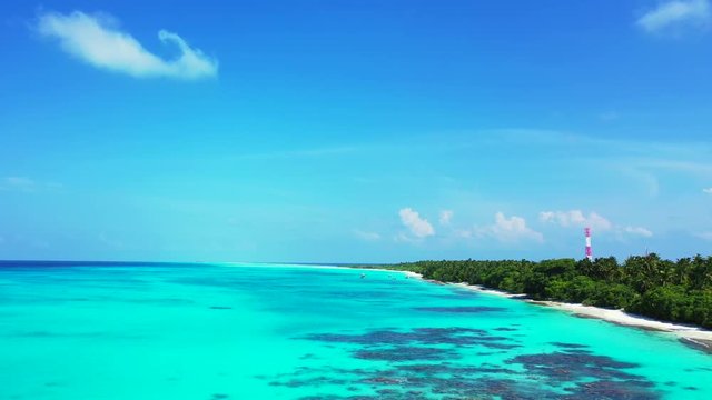 Aerial distant view of coral reefs and beach with white sand on desert island Philippines