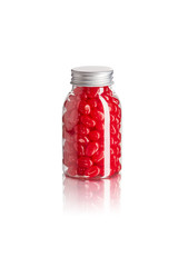 Red Candy Beans packaged in a glossy and transparent container on a white background