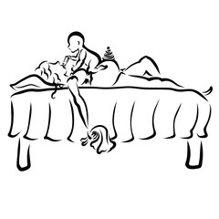 the baby feeds the sleeping pregnant mother from his bottle, fell asleep with a rag for cleaning in her hand