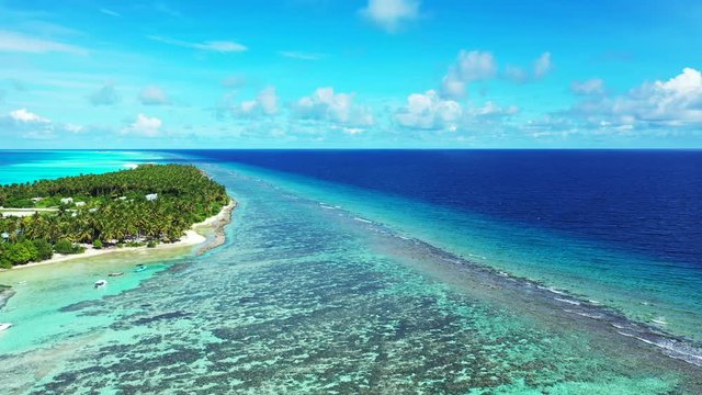 astonishing view of tropical sea with desert island with cocos plants and preserved marine life, beautiful fringing coral reefs around