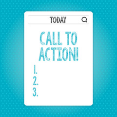 Word writing text Call To Action. Business photo showcasing exhortation do something in order achieve aim with problem Search Bar with Magnifying Glass Icon photo on Blank Vertical White Screen