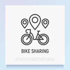 Bike sharing thin line icon: bicycle with pointers. Logo for rental service. Modern vector illustration.