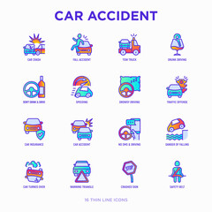 Fototapeta premium Car accident thin line icons set: crashed cars, tow truck, drunk driving, safety belt, traffic offense, car insurance, falling in water, warning triangle. Modern vector illustration.