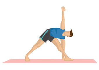 Illustration of a strong man practicing yoga with a triangle pose.