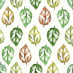 Painterly leaves in hues of green and red with subtly polka dot texture. Seamless geometric vector pattern on warm white background. Great for wellness, beauty, garden, products, stationery, packaging