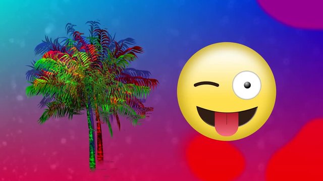 Winking emoji beside a palm tree and colorful liquid