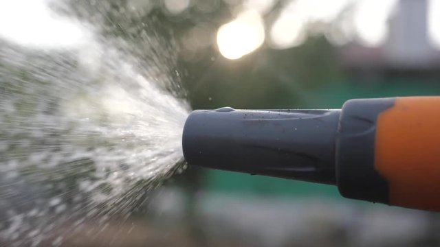 gardening garden care concept. splashing water slow motion video. woman holding a garden hose watering. Gardener lifestyle with watering hose and water sprayer on the vegetable