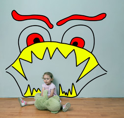 Little girl upset and afraid. Conceptual drawing in the back of a scary monster