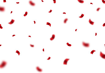 The bright red confetti background is falling on the white floor. Vector design for celebrations