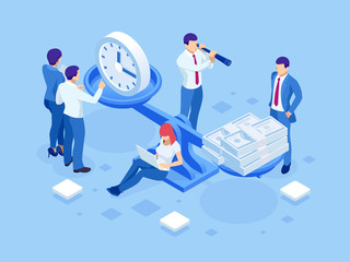Isometric Time is Money concept. Concept save time, Money saving. Financial investments, revenue increase, budget management, savings account.