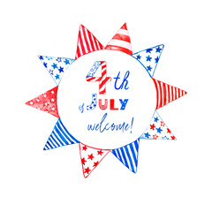 Obraz premium 4th of July patriotic red, white and blue flags garland. Decorative holiday garland for design, isolated. US national colors.