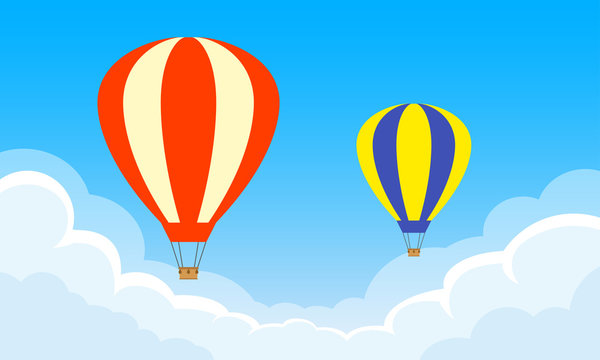 Hot Air Balloons flying in the sky with clouds. Vector illustration.