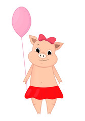 Vector illustration of Cute pig holding a balloon cartoon. Doodle, hand-drawn. Cartoon.