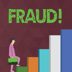 Obraz premium Word writing text Fraud. Business photo showcasing Criminal deception to get financial or demonstratingal gain Businessman Carrying a Briefcase is in Pensive Expression while Climbing Up
