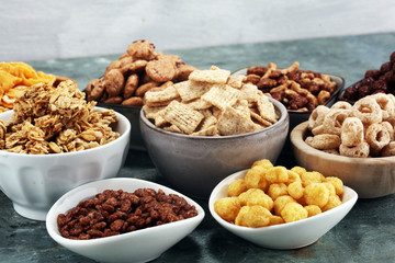 Cereal. Bowls of various cereals for breakfast. Muesli with kids cereals.