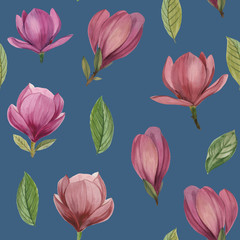 Spring seamless illustration with magnolia on blue background. Floral pattern for your design and decor.Watercolor pattern. Seamless texture of large flowers and leaves magnolia.