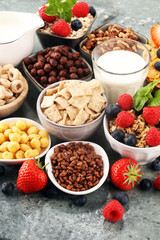 Cereal. Bowls of various cereals, berries and milk for breakfast. Muesli with kids cereals.