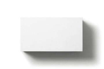 Blank business card isolated on white background. Top view. Standard size. Stylish textured cardboard card for personal advertising or corporate design. 