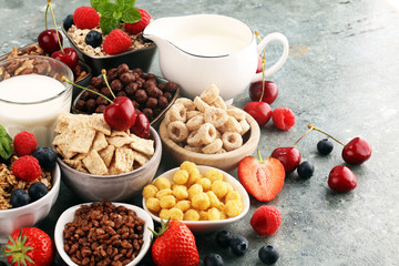 Cereal. Bowls of various cereals, berries and milk for breakfast. Muesli with kids cereals.