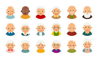 Avatar user old people. Web icon set. Modern illustration with male and female avatar user elderly people. Collection happy and smiling faces character pensioners. Isolated flat portrait on white.