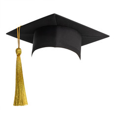 Graduation hat, Academic cap or Mortarboard in black isolated on white background with clipping path for educational phd hat design mockup and school commencement hat mock-up template - obrazy, fototapety, plakaty
