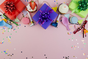 Flat lay composition of birthday elements with copyspace