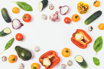 Flat lay food frame of variety of healthy fresh vegetables