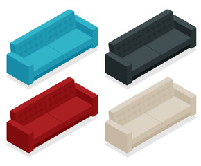 Isometric set of sofa. Modern red, black, white, blue sofa