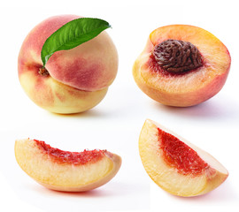 peach with leaf and slice isolated white background