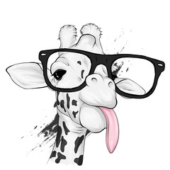 Funny giraffe with glasses. Vector illustration for greeting card or poster. Print on clothing or printed materials. Wild animal.