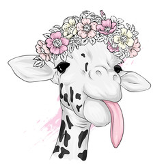 Giraffe in a flower wreath. Vector illustration. Wild animals.