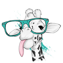 Funny giraffe with glasses. Vector illustration for greeting card or poster. Print on clothing or printed materials. Wild animal.