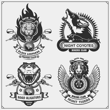 Collection of retro motorcycle labels, badges and design elements. Motor and biker club emblems with wild animals. Print design for t-shirt.