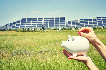 array of polycrystalline silicon solar cells in solar power plant turn up