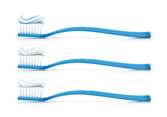 Toothbrush with toothpaste. Dental broom. Set for tooth hygiene. Stomatology prophylaxis equipment. Isolated on white background. Eps10 vector illustration.