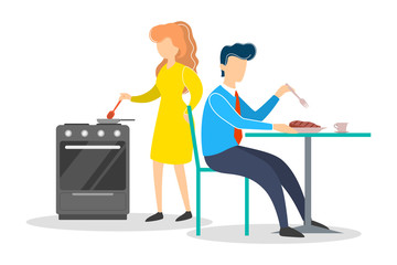 Woman and man on the kitchen. Female character cooking