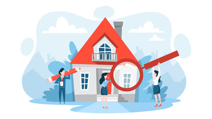 Search property with magnifying glass. Idea of real estate