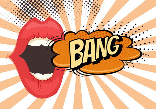 Speech Bubble with Woman lips in Pop-Art Style. Bang sound text.