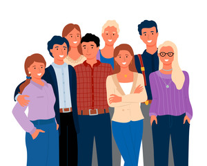Group of people standing together, smiling man and woman embracing, portrait and closeup view of crowd in casual clothes, friends or relatives vector