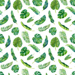 Tropical watercolor seamless pattern, hand-drawn elements. For fabric, paper, packaging, invitations, weddings and more.