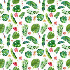 Tropical watercolor seamless pattern, hand-drawn elements. For fabric, paper, packaging, invitations, weddings and more.