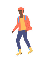 Boy rollerblading in casual clothes, full length and portrait view of man wearing helmet, person character going in rollerblades, urban activity vector