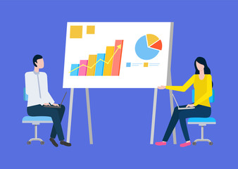 Presentation with diagrams and infocharts vector, woman and man brainstorming, infographics and visualization of info on board teamwork of colleagues