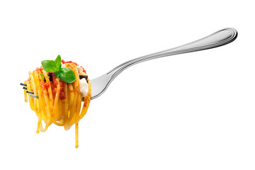 Fork with spaghetti pasta mozzarella aubergine tomatoes and basil