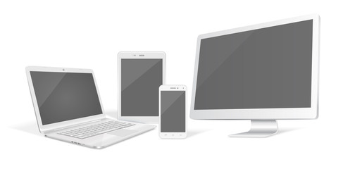 Set of realistic vector graphic computer monitor, laptop, tablet and phone on a white background.