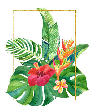 Tropical Watercolor Illustration With Leaves And Flowers. Geometric Frame For Invitation, Wedding, Birthday, Baby Shower, Save The Date And Other.
