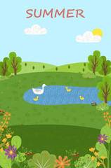 Summer scenery, pond with swans, green and eco clean nature. Vector forest with lake and swimming birds, blue sky and blooming flowers and bushy trees