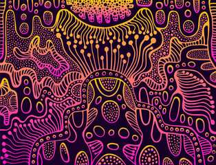 Vintage abstract gradient ornament background, bright pink, yellow colors, isolated on dark background. Doodle decorative element. Vector hand drawn illustration.