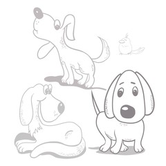 Set of cute cartoon dogs, cartoon character, digital black and white drawing in vector